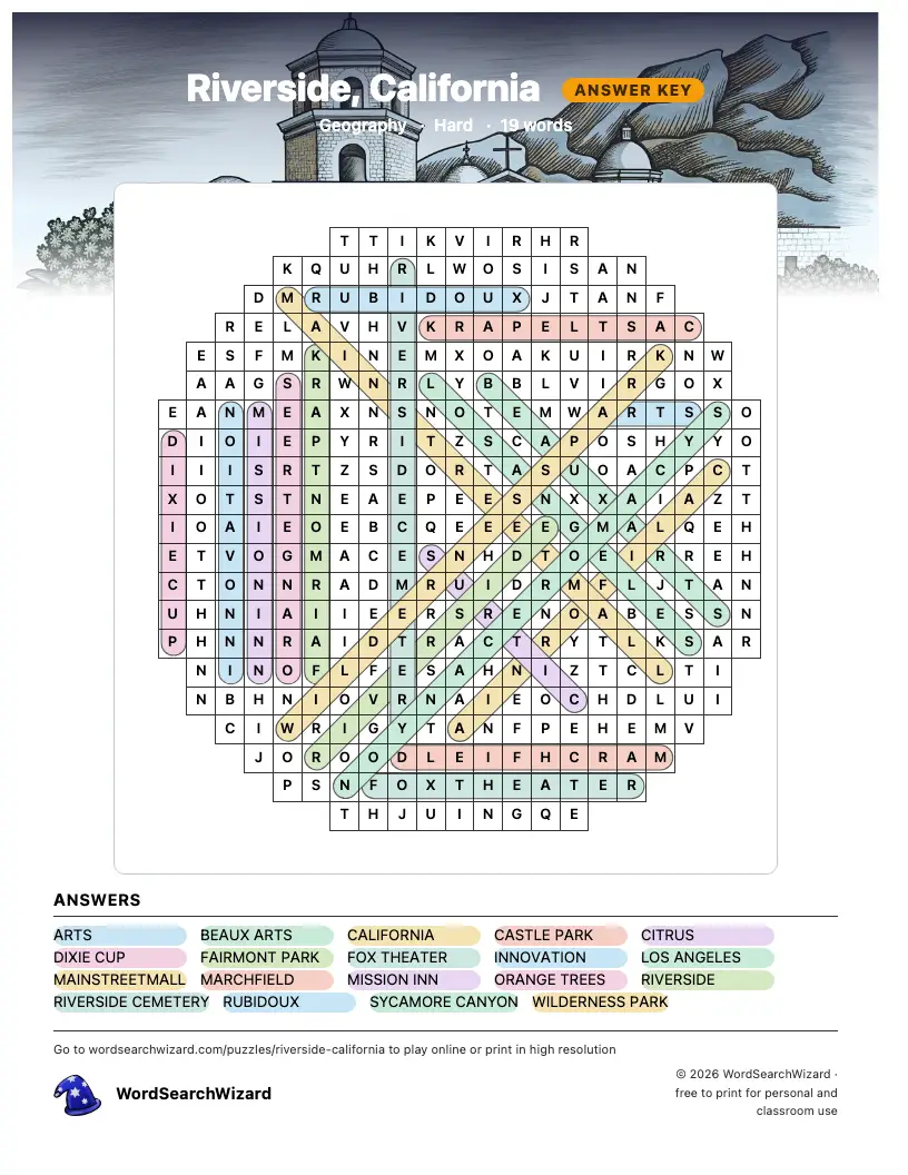 Riverside, California word search answer key, all 19 words marked
