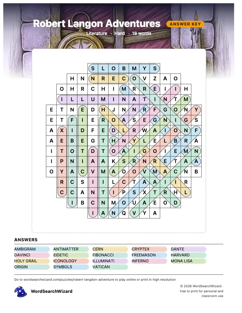 Robert Langon Adventures word search answer key, all 18 words marked