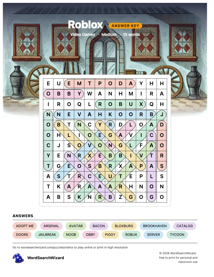 Roblox word search answer key, all 15 words marked