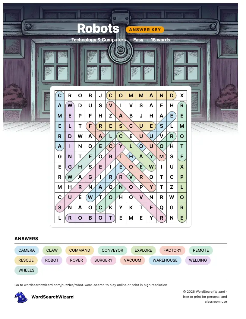 Robots word search answer key, all 15 words marked