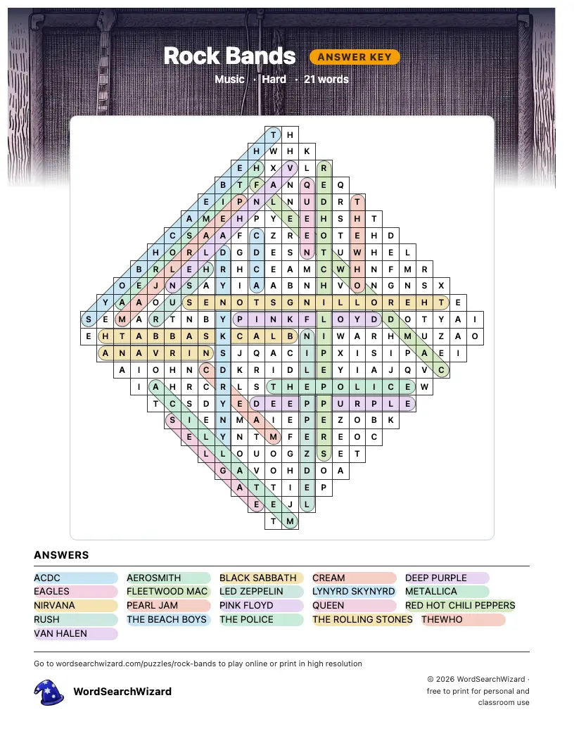 Rock Bands word search answer key, all 21 words marked