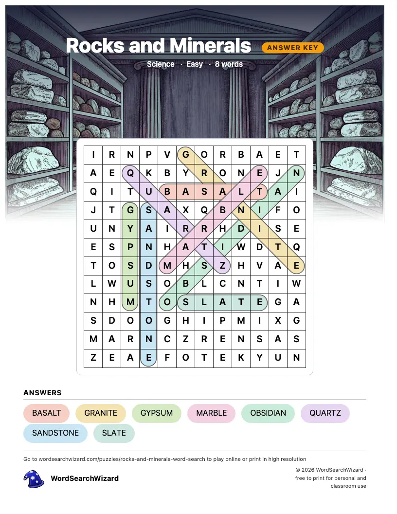 Rocks and Minerals word search answer key, all 8 words marked