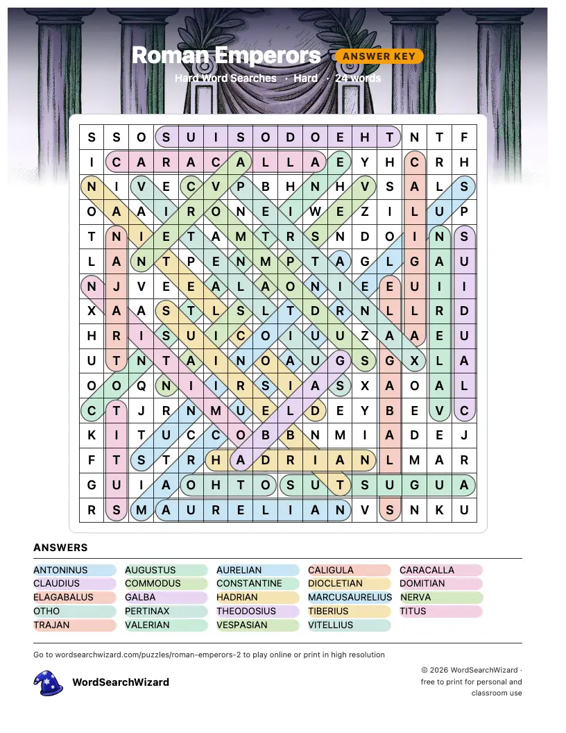 Roman Emperors word search answer key, all 24 words marked
