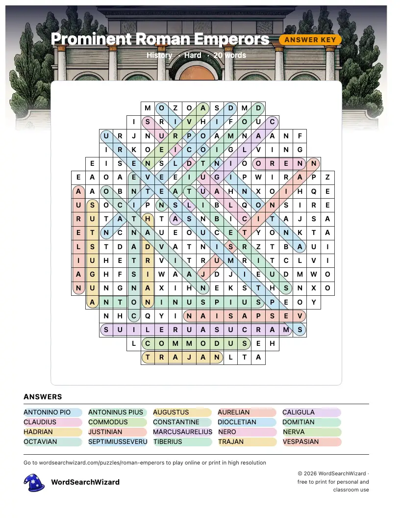 Prominent Roman Emperors word search answer key, all 20 words marked