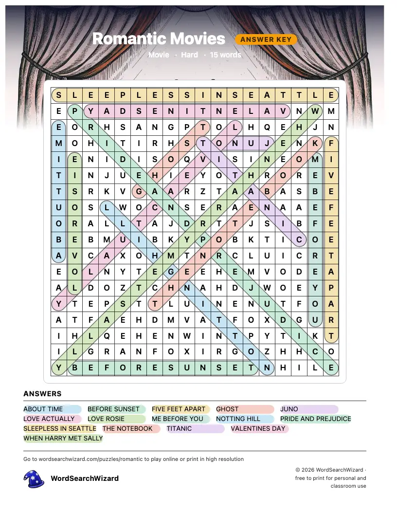 Romantic Movies word search answer key, all 15 words marked