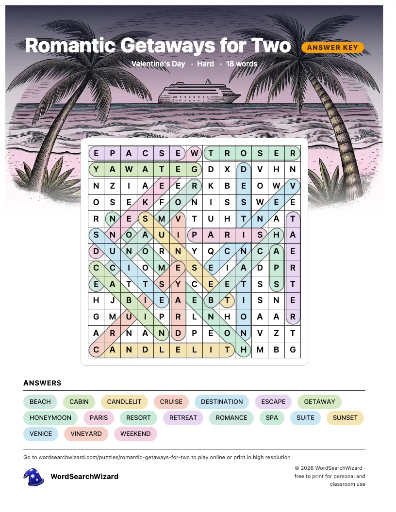 Romantic Getaways for Two word search answer key, all 18 words marked