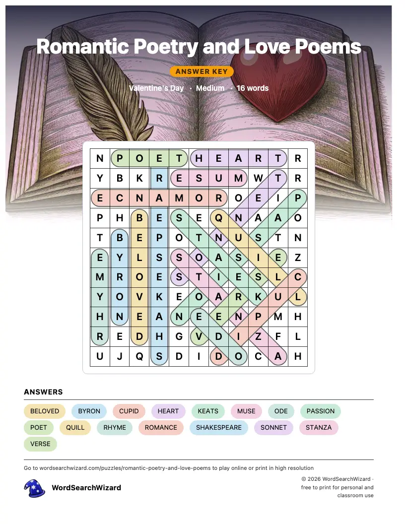 Romantic Poetry and Love Poems word search answer key, all 16 words marked