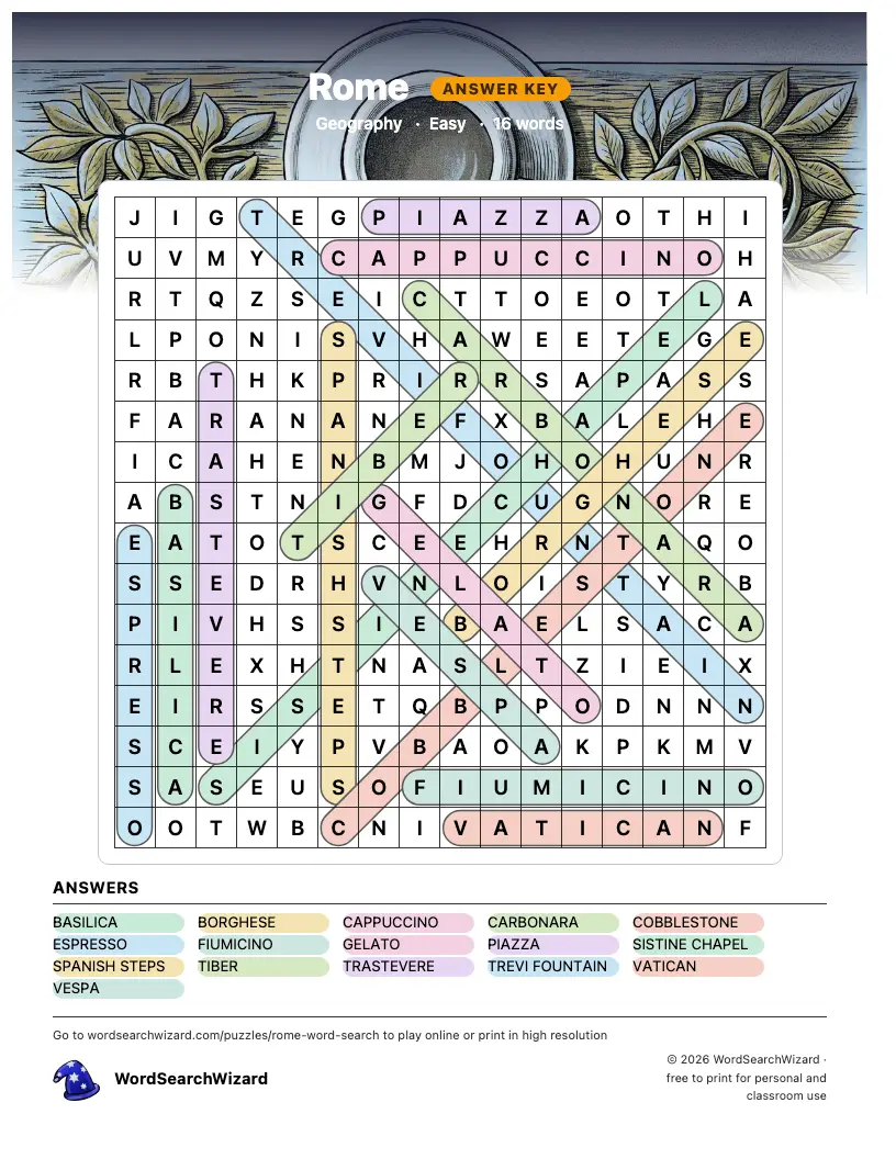 Rome word search answer key, all 16 words marked