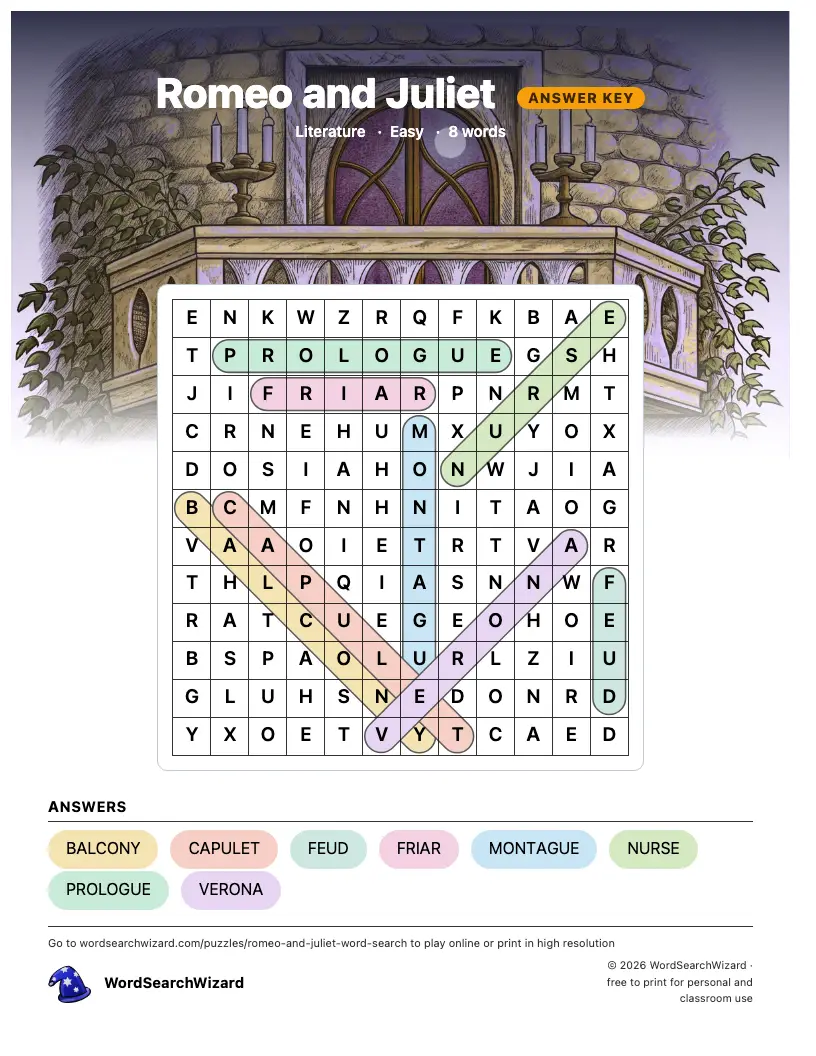 Romeo and Juliet word search answer key, all 8 words marked