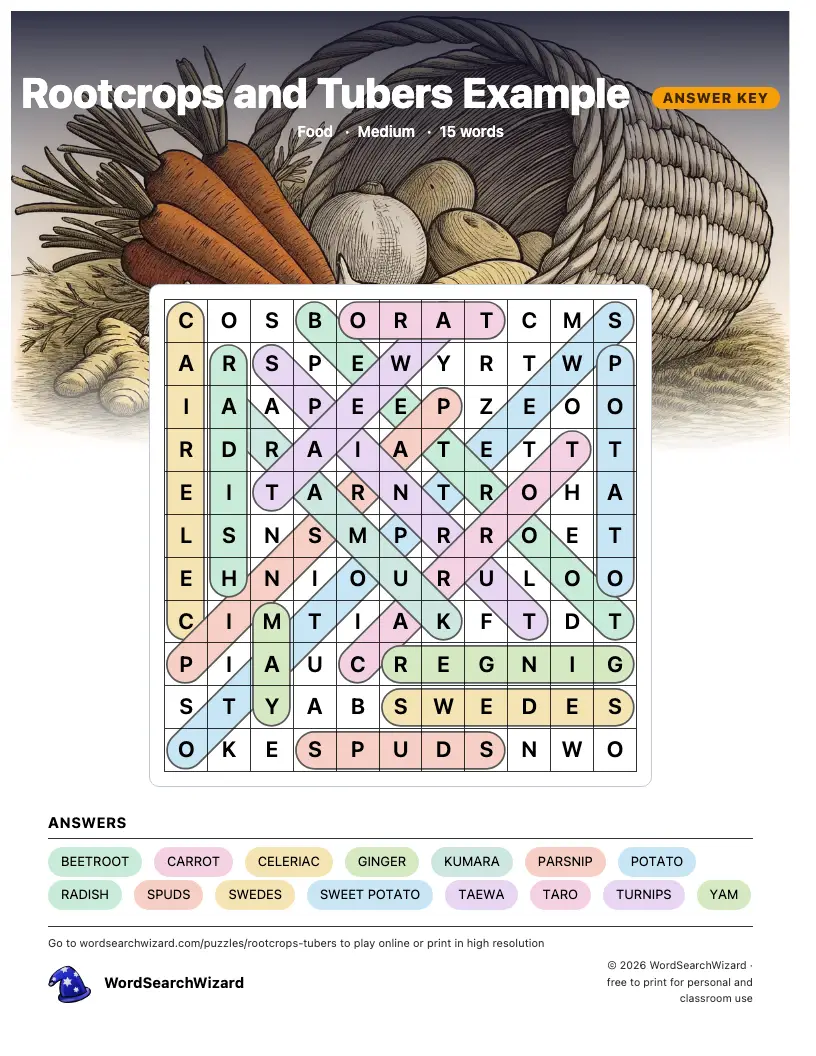 Rootcrops and Tubers Example word search answer key, all 15 words marked