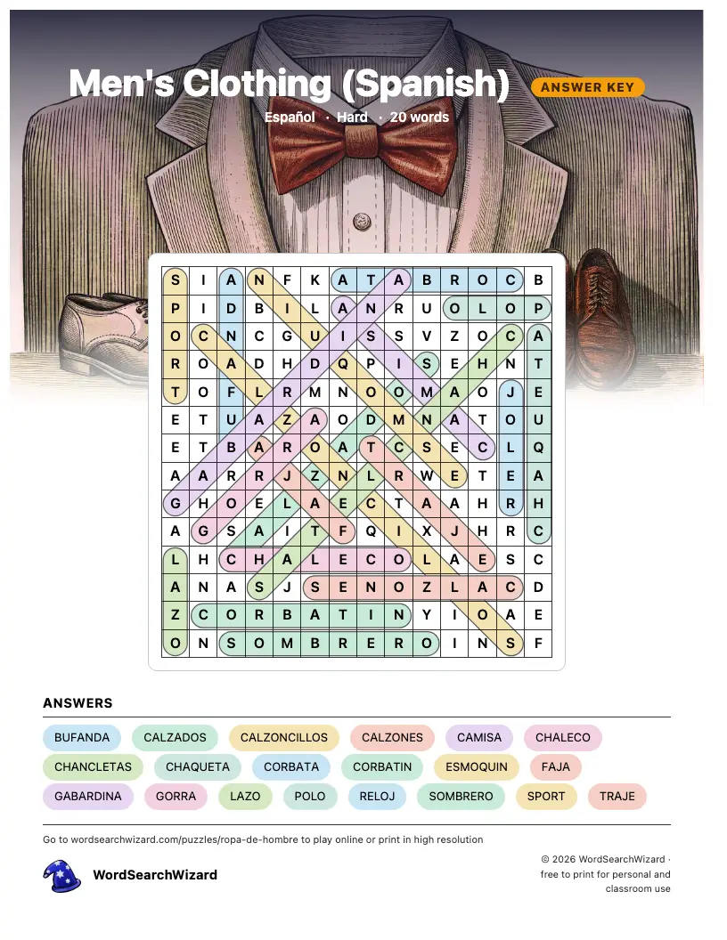 Men's Clothing (Spanish) word search answer key, all 20 words marked