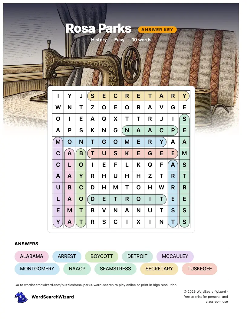 Rosa Parks word search answer key, all 10 words marked