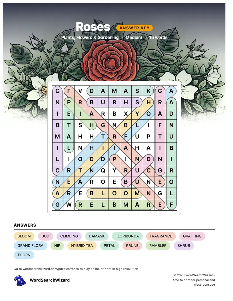Roses word search answer key, all 15 words marked
