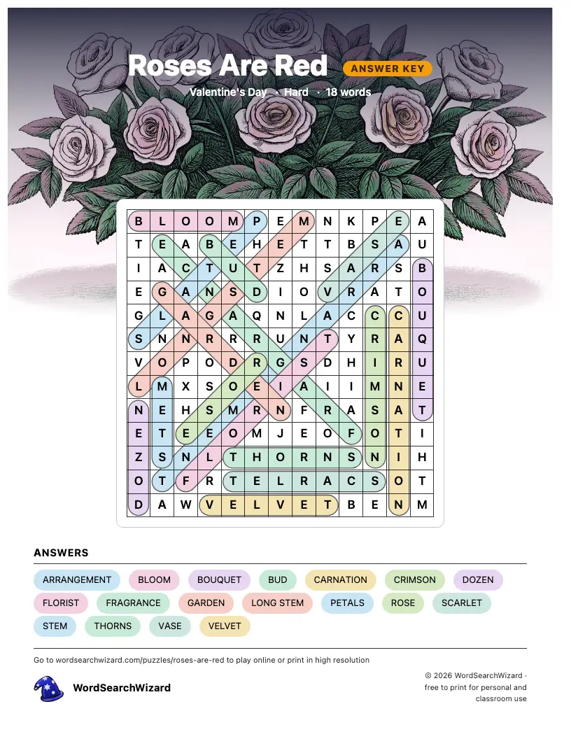 Roses Are Red word search answer key, all 18 words marked