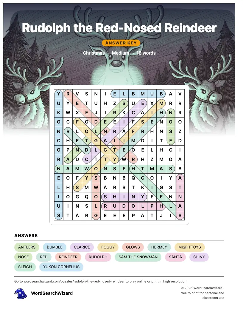 Rudolph the Red-Nosed Reindeer word search answer key, all 16 words marked