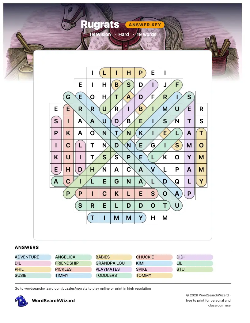 Rugrats word search answer key, all 19 words marked