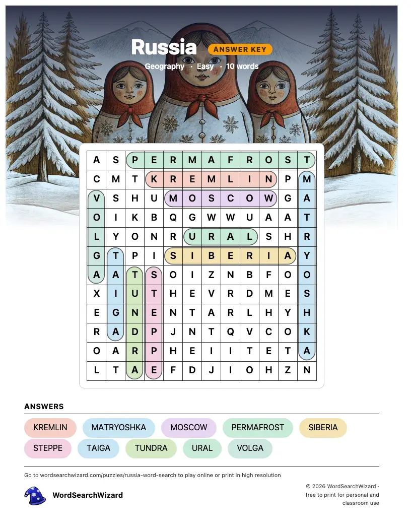 Russia word search answer key, all 10 words marked