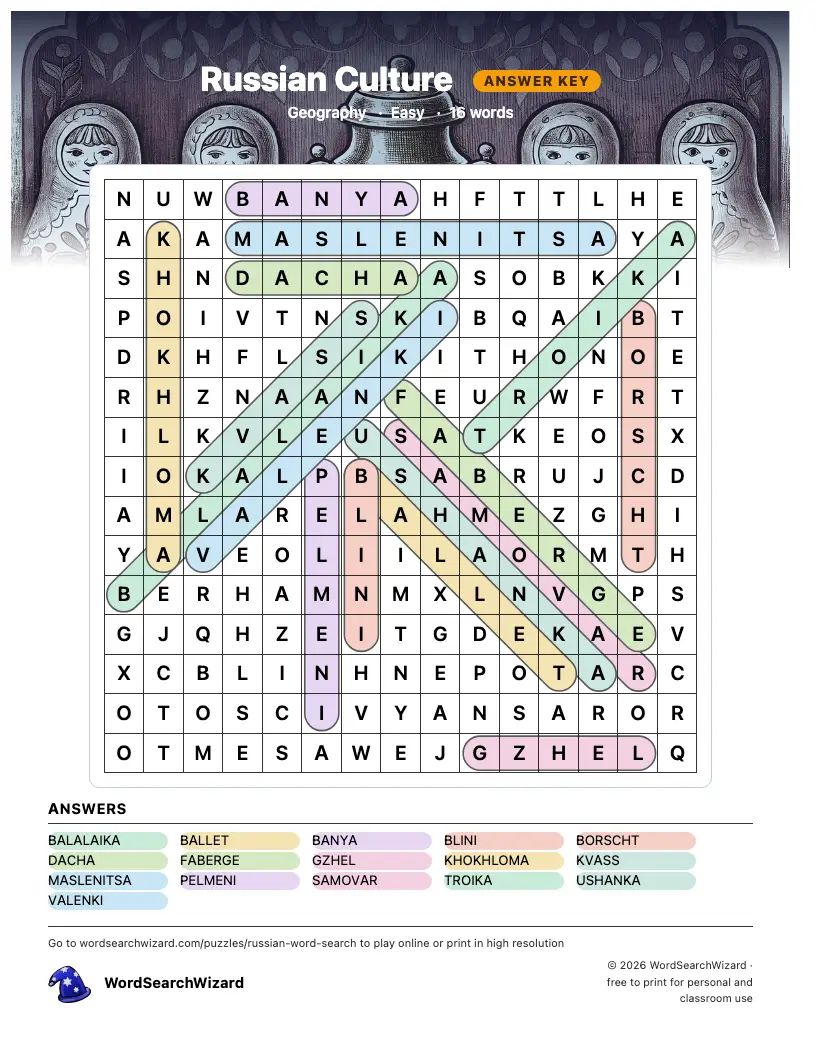 Russian Culture word search answer key, all 16 words marked