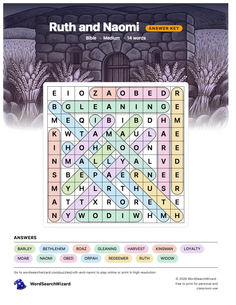 Ruth and Naomi word search answer key, all 14 words marked