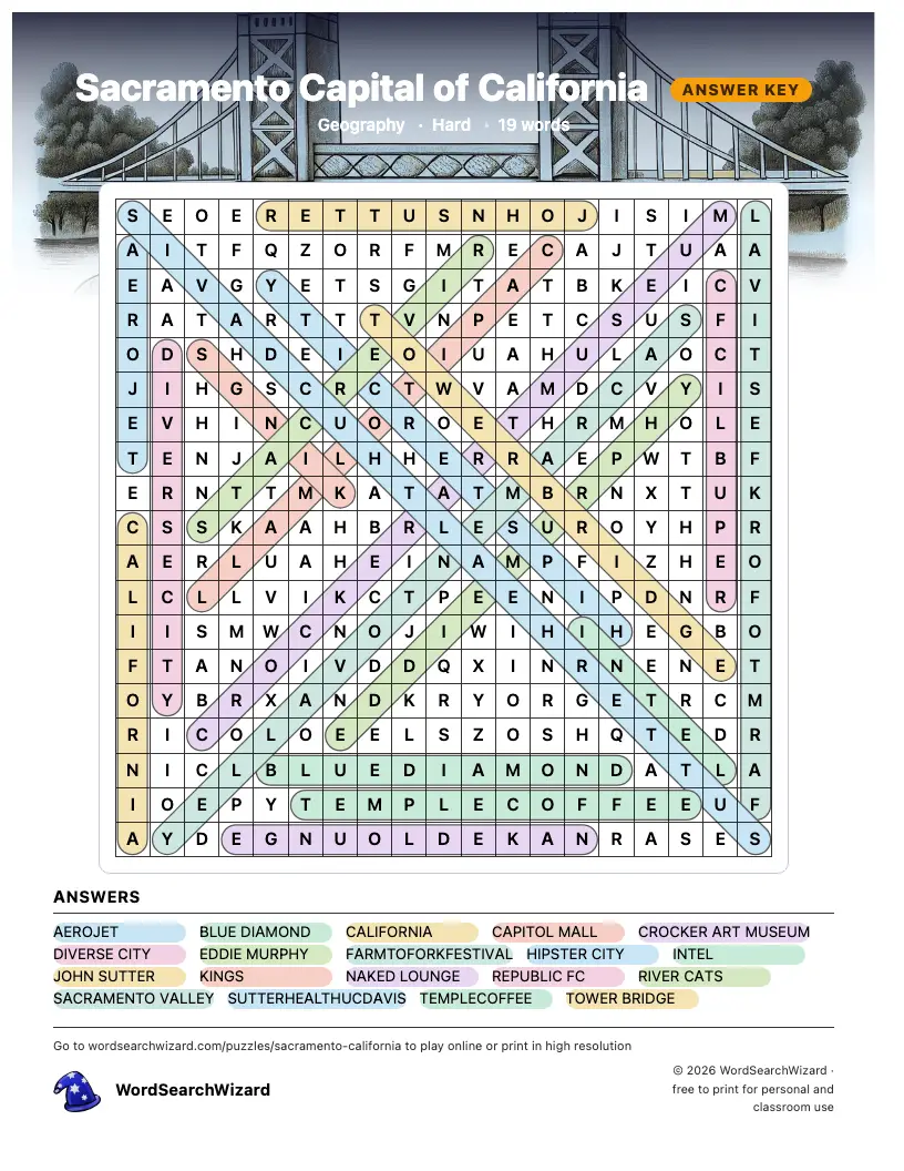 Sacramento Capital of California word search answer key, all 19 words marked