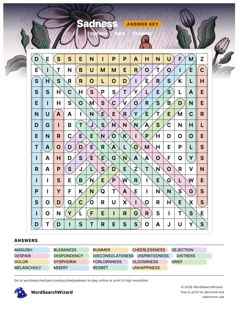 Sadness word search answer key, all 19 words marked
