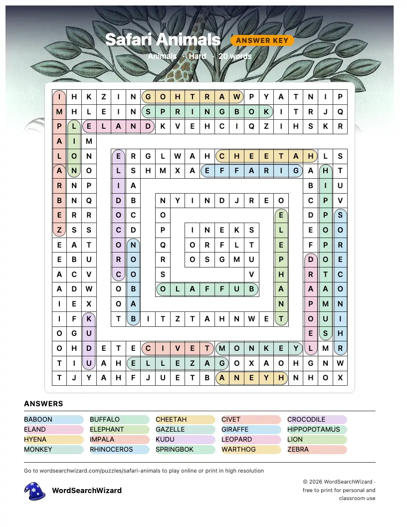 Safari Animals word search answer key, all 20 words marked