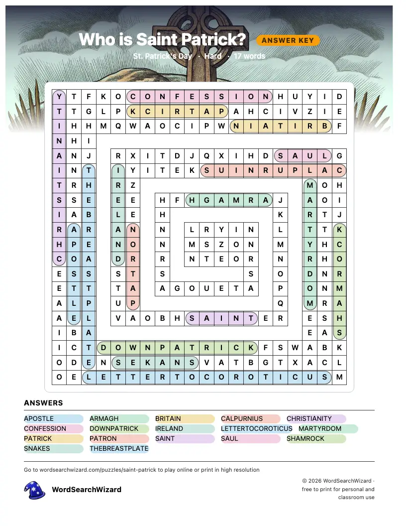 Who is Saint Patrick? word search answer key, all 17 words marked