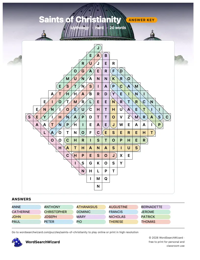 Saints of Christianity word search answer key, all 20 words marked