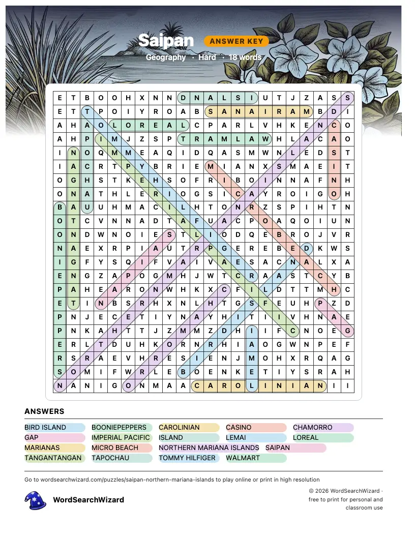 Saipan word search answer key, all 18 words marked