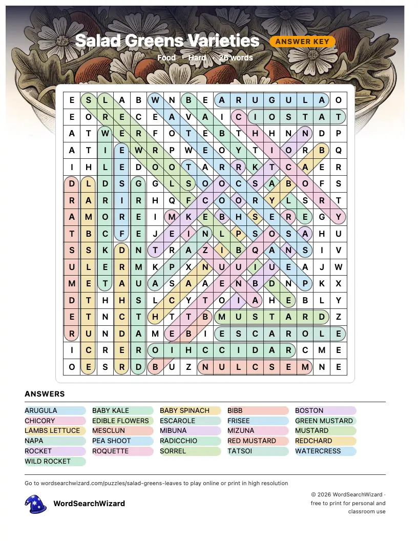 Salad Greens Varieties word search answer key, all 26 words marked