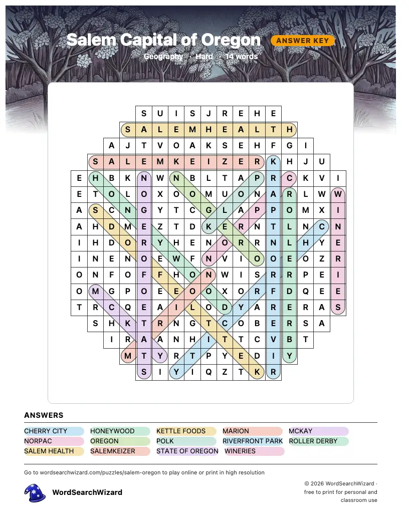 Salem Capital of Oregon word search answer key, all 14 words marked