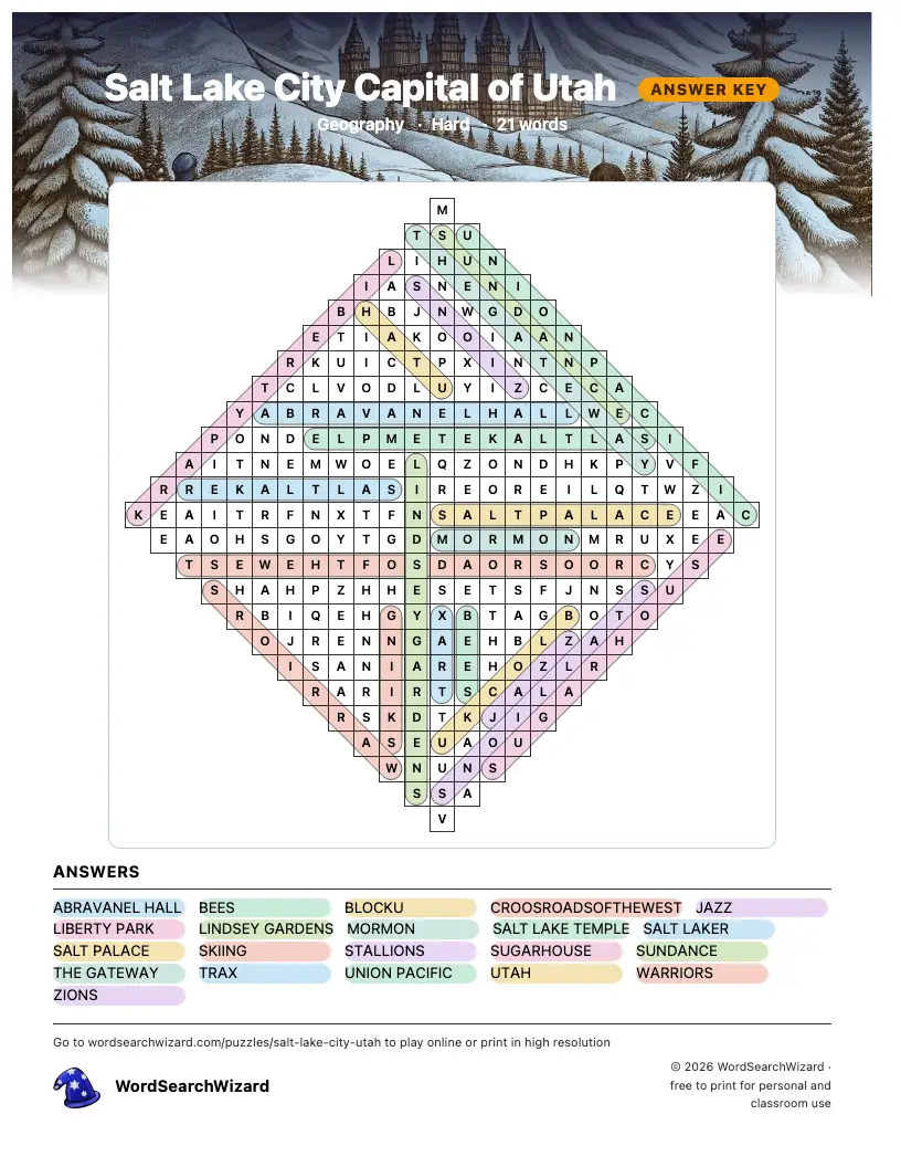 Salt Lake City Capital of Utah word search answer key, all 21 words marked