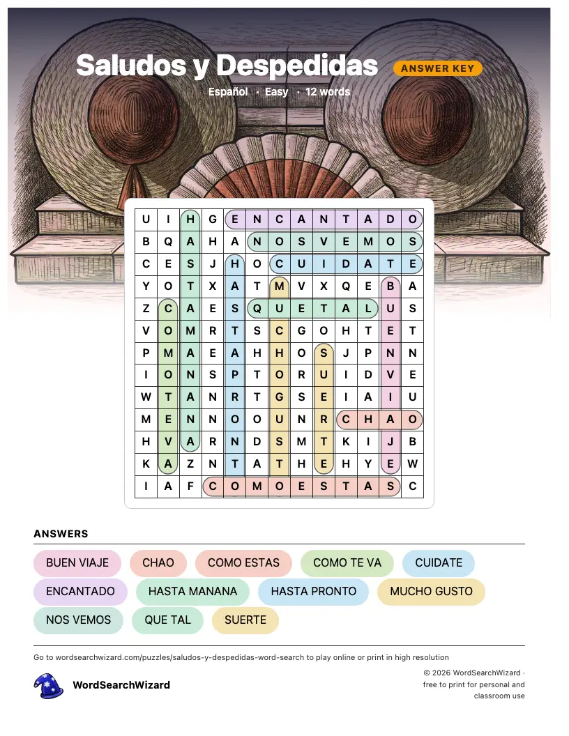 Saludos y Despedidas word search answer key, all 12 words marked