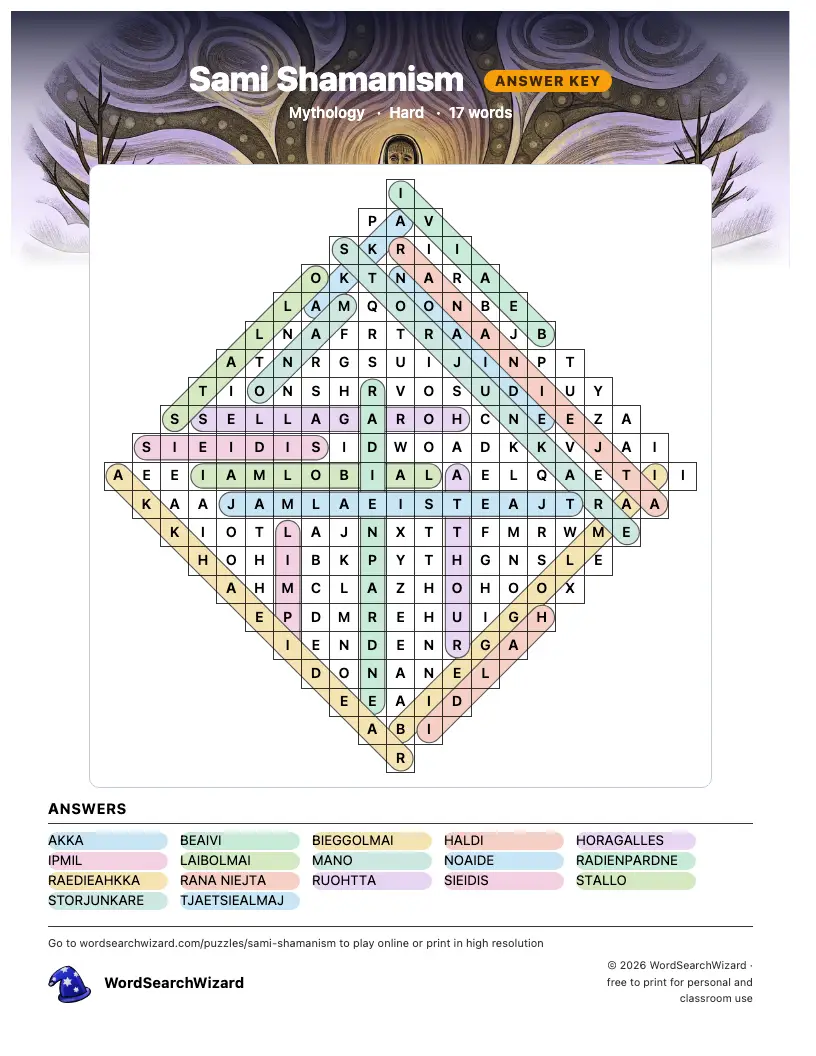 Sami Shamanism word search answer key, all 17 words marked