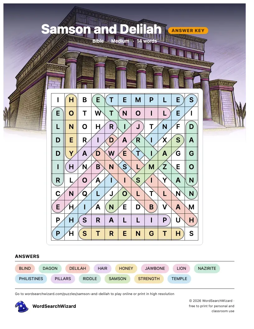 Samson and Delilah word search answer key, all 14 words marked