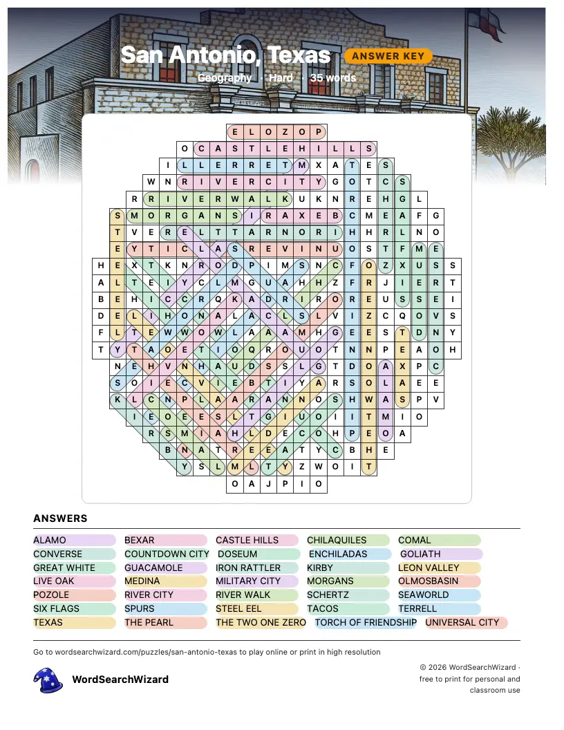 San Antonio, Texas word search answer key, all 35 words marked