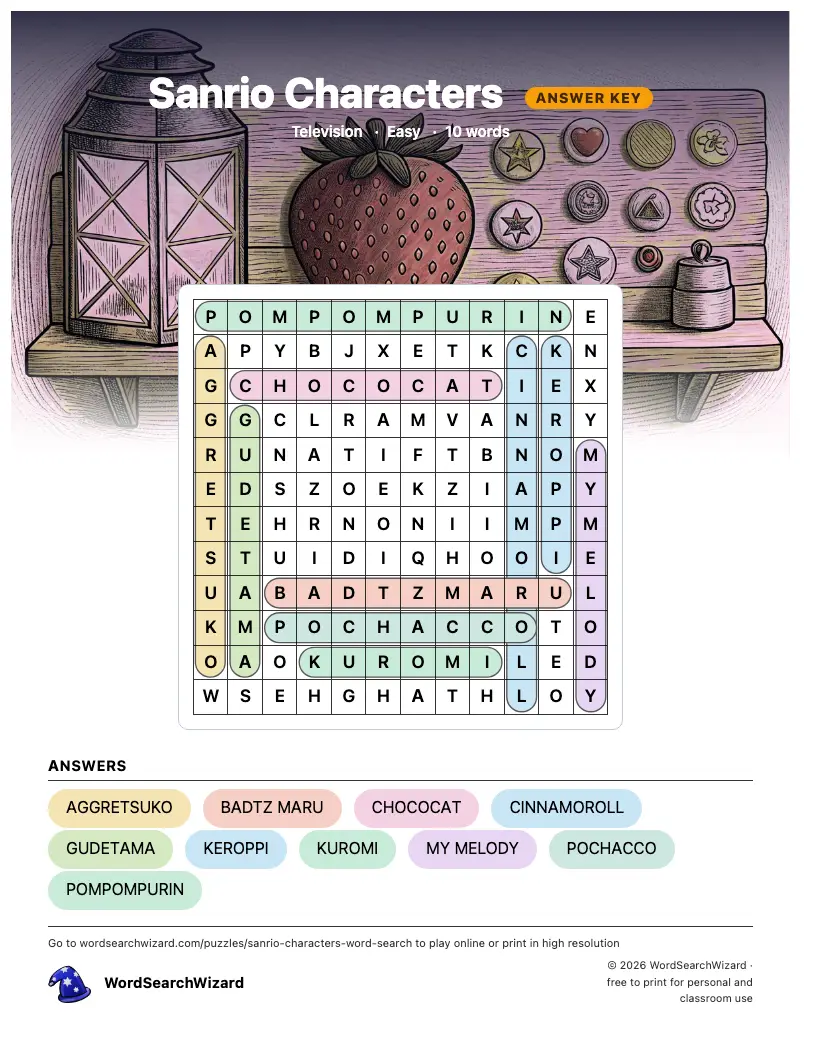 Sanrio Characters word search answer key, all 10 words marked