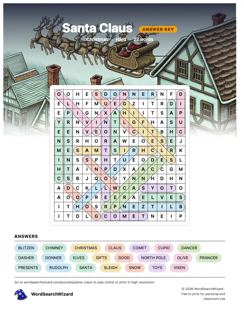 Santa Claus word search answer key, all 22 words marked