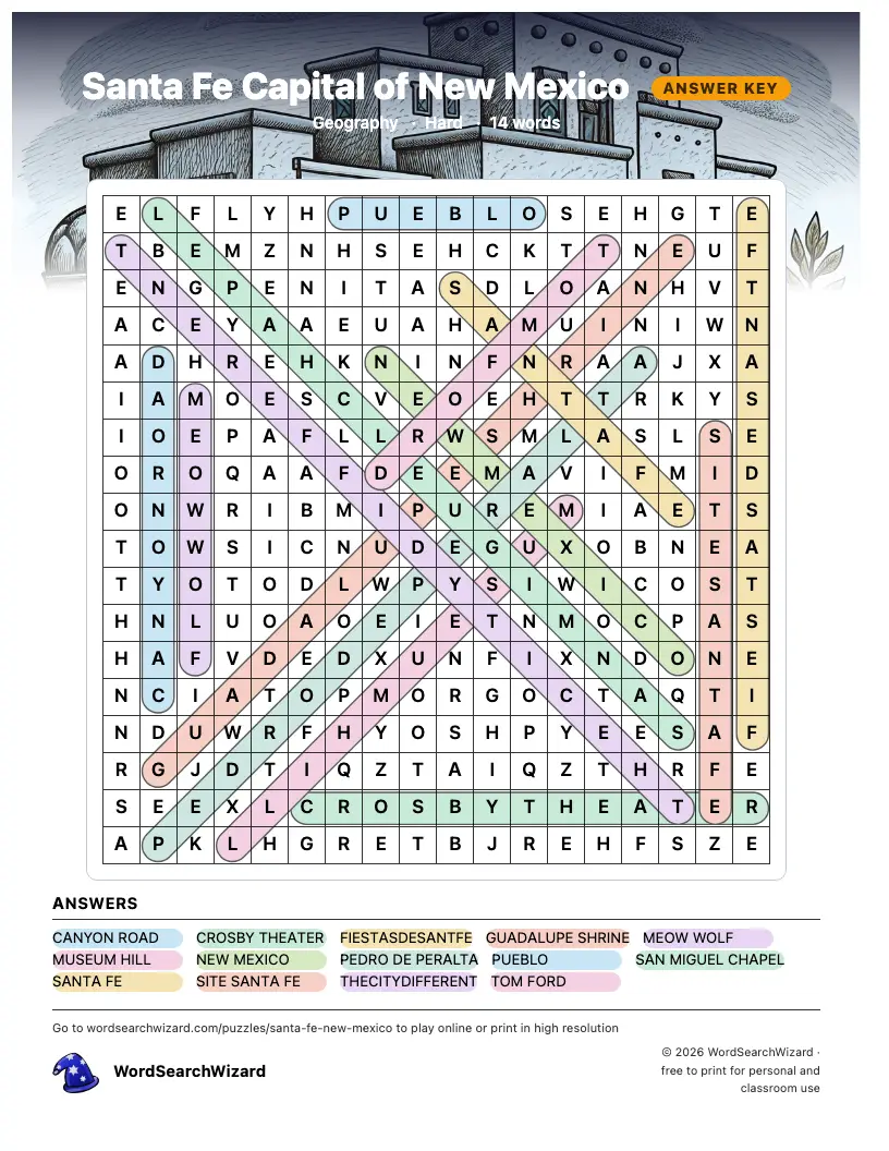 Santa Fe Capital of New Mexico word search answer key, all 14 words marked