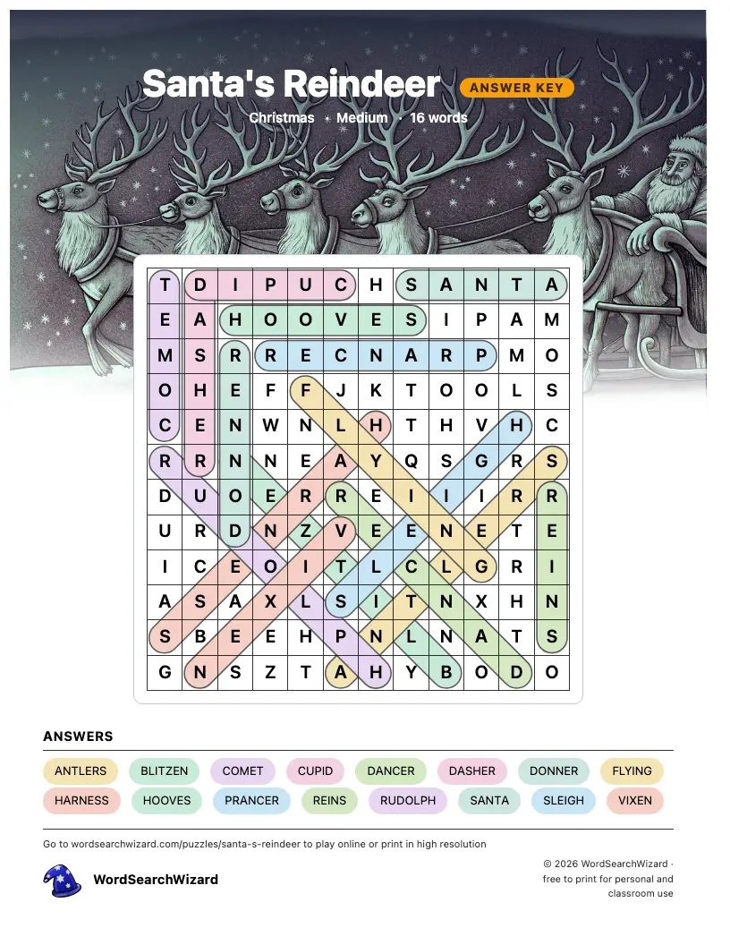 Santa's Reindeer word search answer key, all 16 words marked