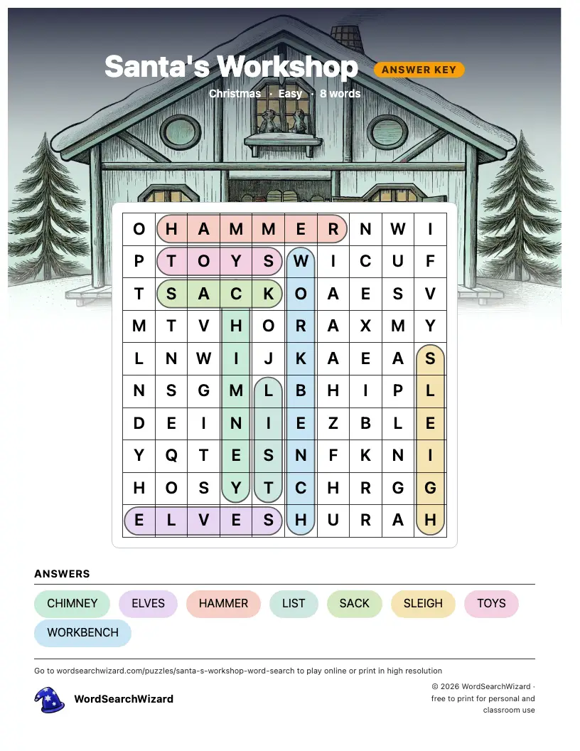 Santa's Workshop word search answer key, all 8 words marked