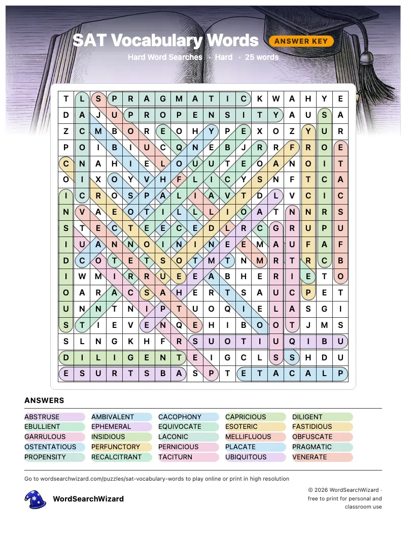 SAT Vocabulary Words word search answer key, all 25 words marked