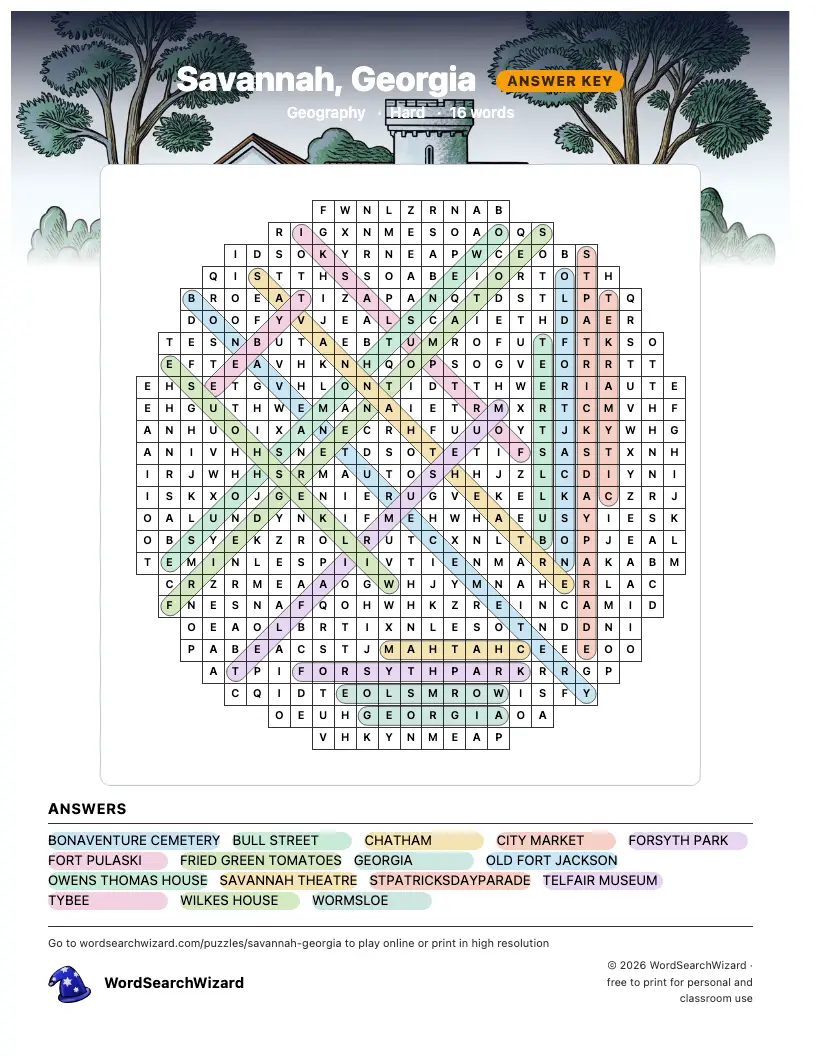 Savannah, Georgia word search answer key, all 16 words marked