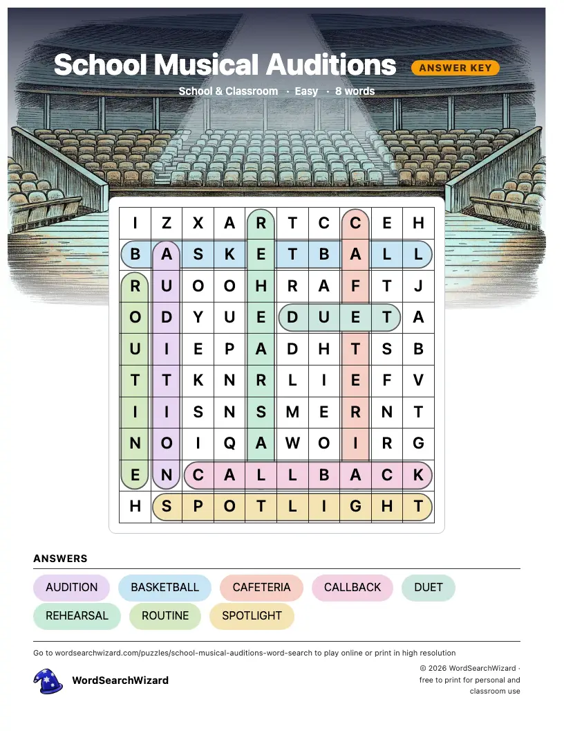 School Musical Auditions word search answer key, all 8 words marked