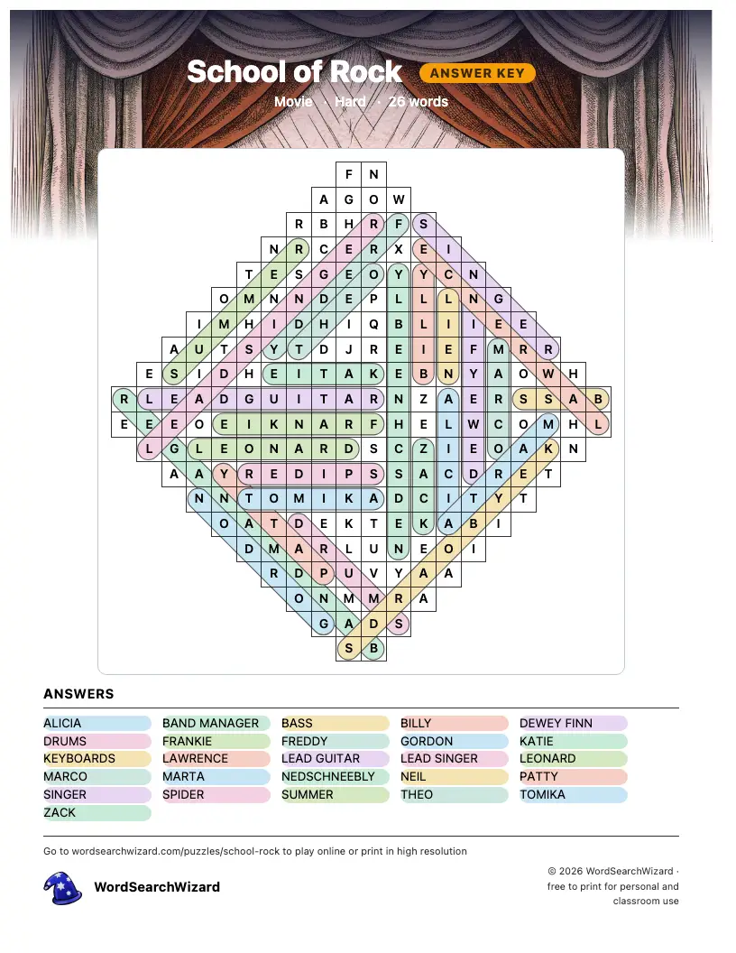 School of Rock word search answer key, all 26 words marked