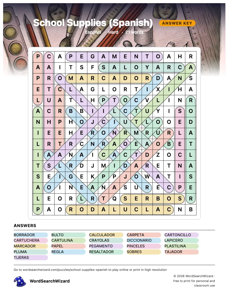 School Supplies (Spanish) word search answer key, all 21 words marked