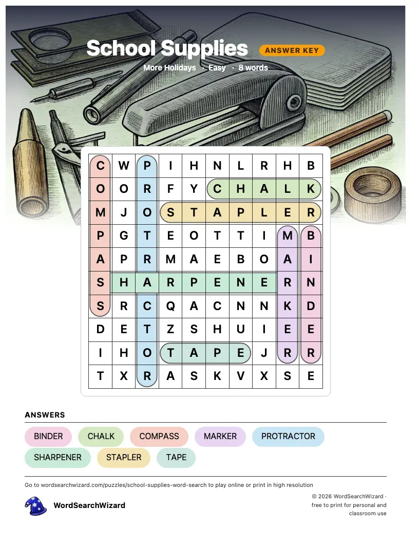School Supplies word search answer key, all 8 words marked