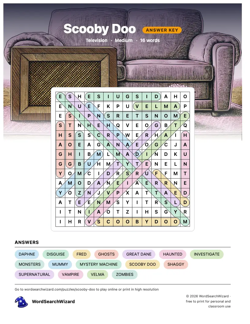 Scooby Doo word search answer key, all 16 words marked