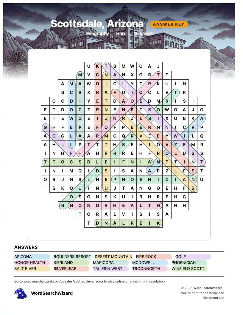 Scottsdale, Arizona word search answer key, all 15 words marked