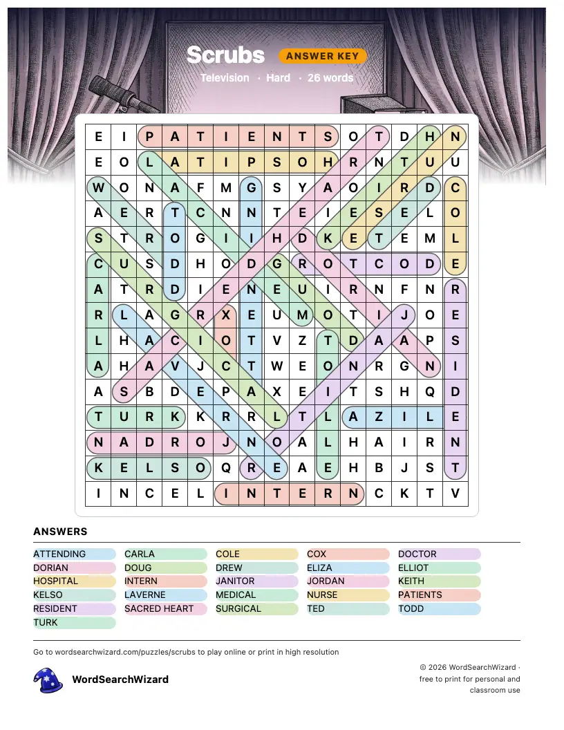 Scrubs word search answer key, all 26 words marked